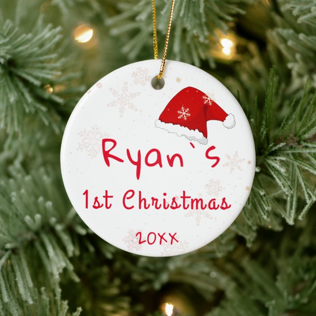 Baby`s First Christmas Weihnachtsmannmütze Snowfla Keramik Ornament (Baum)