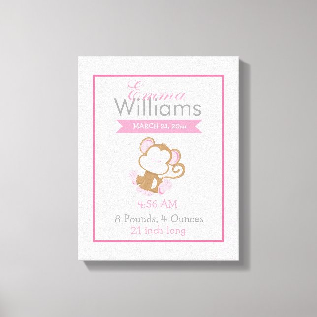 Baby Safari Pink Sleepy Monkey Kinderzimmer Gesche Leinwanddruck (Vorderseite)