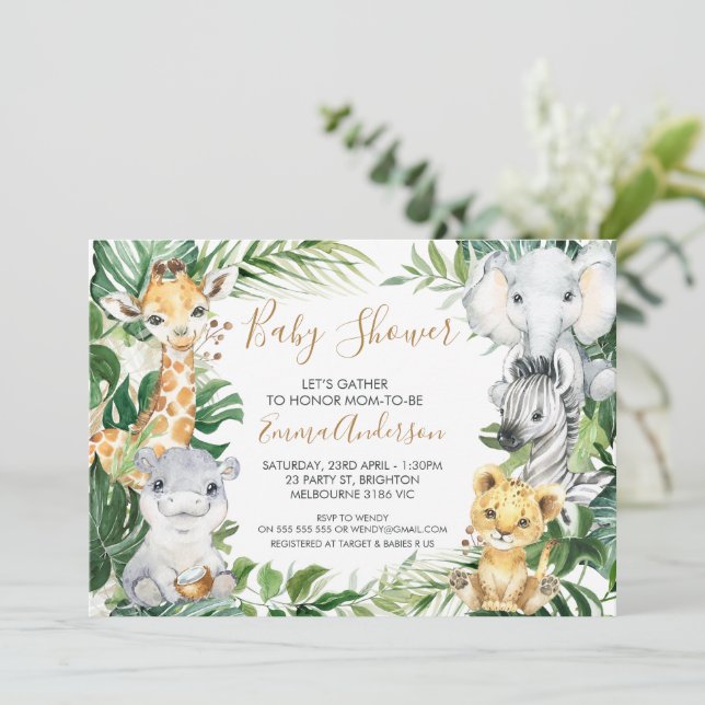 Baby Safari Tiere in Greenery Baby Shower Einladung (Stehend Vorderseite)