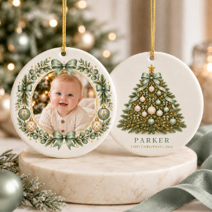 Baby-Sage-Grün-Weihnachts-Schleifen-Foto Keramik Ornament