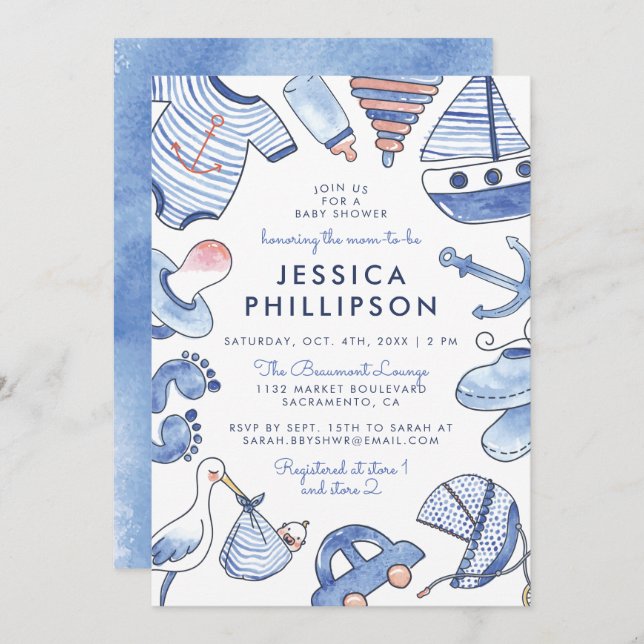 Baby Sailor | Blue Nautical Watercolor Babydusche Einladung (Vorne/Hinten)