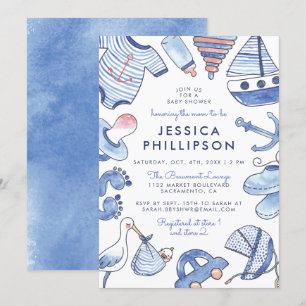 Baby Sailor Blue Nautical Watercolor Babydusche Einladung