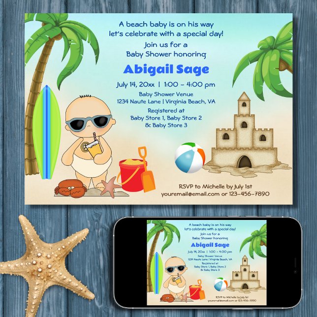Baby Sandburg, Surfboard Baby Dusche Einladung (Printed and Digital - Boy Beach Baby Sandcastle, Surfboard Baby Shower Invitation)
