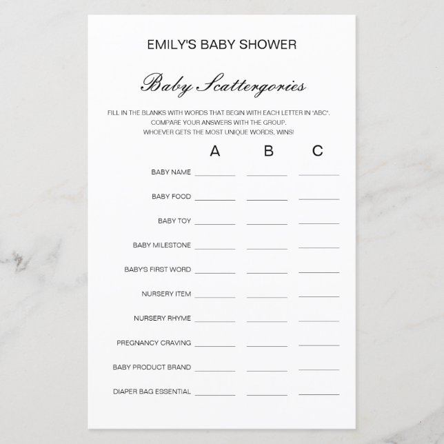 Baby Scattergories Baby Showgame PRINTED (Vorderseite)
