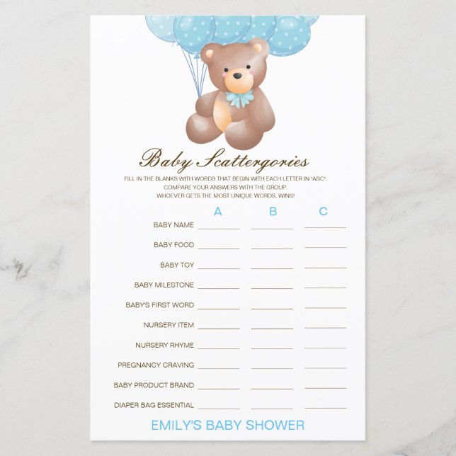 Baby Scattergories Baby Showgame PRINTED (Vorderseite)