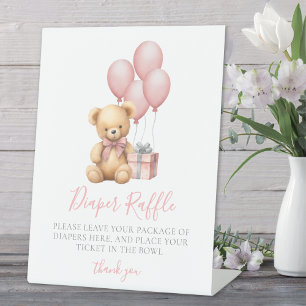 Baby-Schauer Diaper-Raffle-Einlagekarte mit rosa B Sockelschild