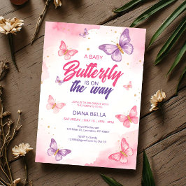 Baby-Schmetterling auf dem Weg Rosa Lila Aquarell Einladung