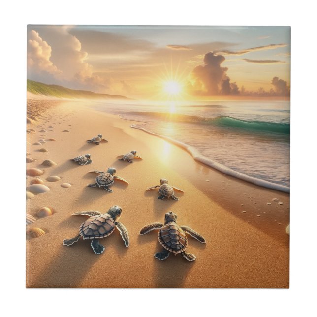 Baby Sea Turtles auf dem Weg zum Ozean am Strand Fliese (Vorderseite)