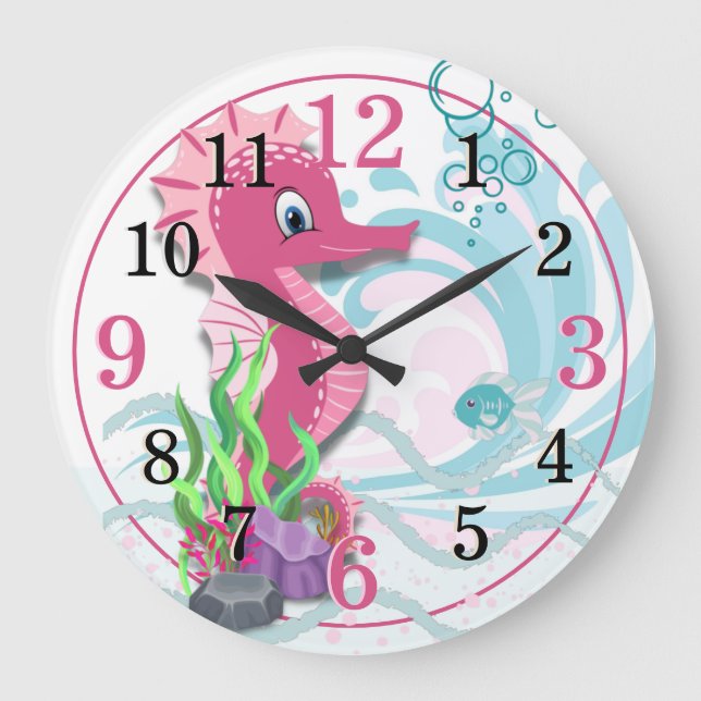 Baby Seepferd | Pink Kids Room Wall Clock Große Wanduhr (Vorderseite)