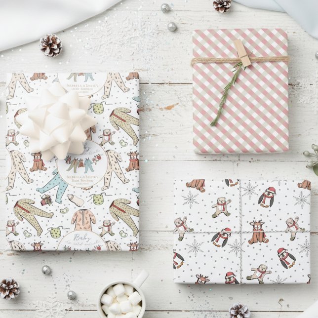 Baby seine kalte Außendusche Geschenkpapier Set (Christmas Baby Pajamas and Penguin, Reindeer, Teddy Bear Pattern for Winter Baby Shower Gift Wrap)