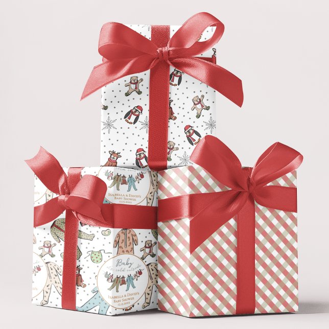 Baby seine kalte Außendusche Geschenkpapier Set (Christmas Winter Baby Shower Gift Wrap. Baby Xmas Pajamas, Cute Animals, Snowflakes, Gingham Pattern)