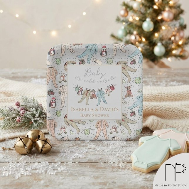 Baby seine kalte Außendusche Pappteller (These winter baby shower light gray plates feature hand-drawn art for Baby It's Cold Outside party )