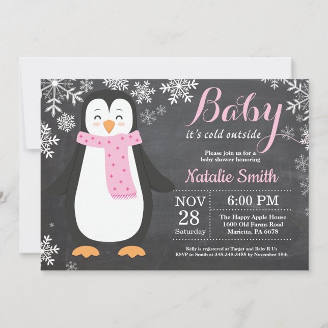 Baby seine kalte äußere Pinguin-Mädchen-Babyparty Einladung (Vorderseite)