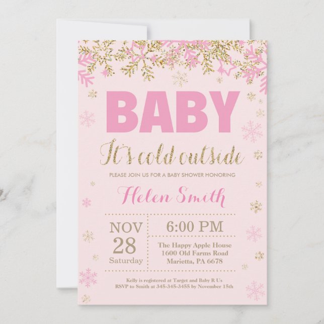 Baby seine kalte Outdoor Pink Gold Girl Babydusche Einladung (Vorderseite)
