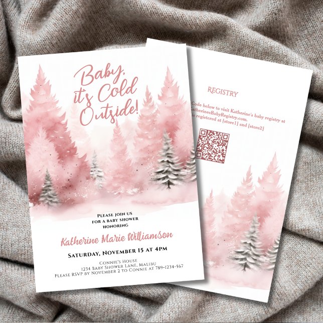 Baby seine kalte Outdoor Winter Pink Babydusche Einladung (Baby Its Cold Outside Pink Winter Forest Baby Shower Invitation with QR Code.)