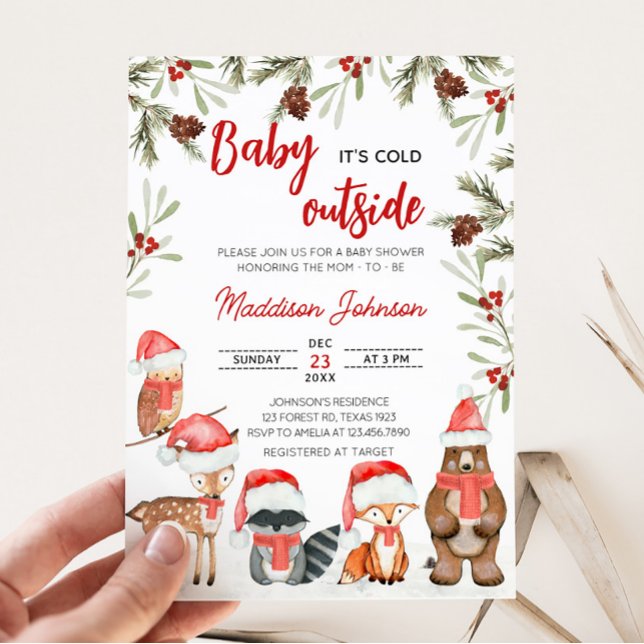Baby seine kalte Outdoor Winter Woodland Babydusch Einladung (Winter Woodland Animals Baby Shower Invitation)