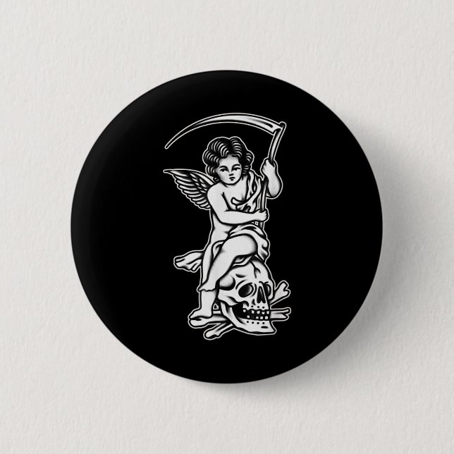 Baby Sensenmann Skull Scythe Blackwork Tattoo Flas Button (Vorderseite)