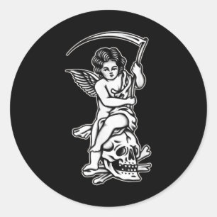 Baby Sensenmann Skull Scythe Blackwork Tattoo Flas Runder Aufkleber