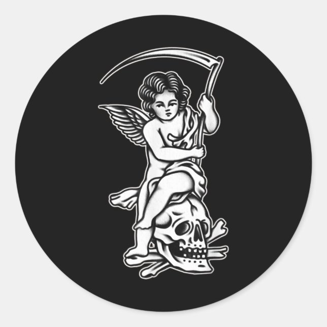 Baby Sensenmann Skull Scythe Blackwork Tattoo Flas Runder Aufkleber (Vorderseite)