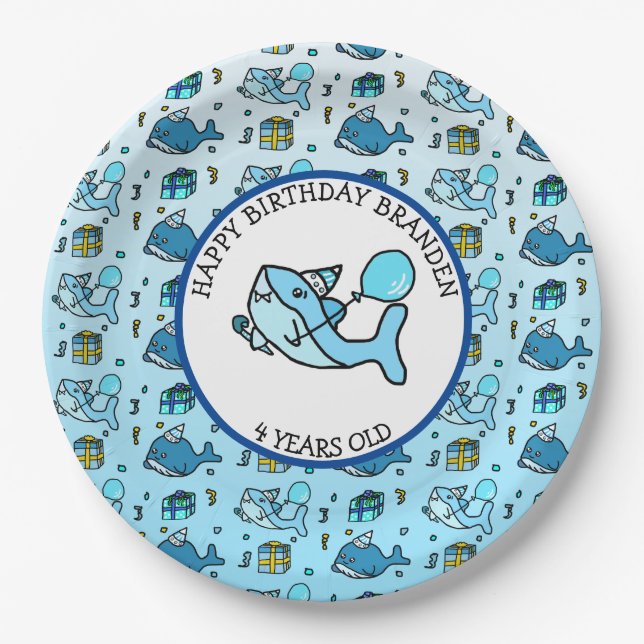 Baby Shark and Whales Personalisiert Boy's Geburts Pappteller (Vorderseite)
