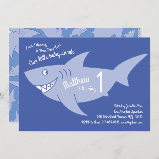 Baby Shark Ocean Animals 1. Geburtstag Einladungen (Vorne/Hinten)