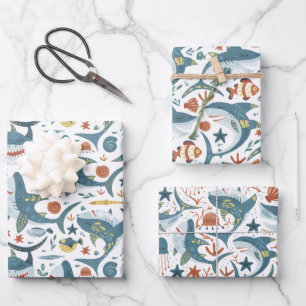 Baby Shark Wrapping Paper Flat Sheet Set 3 Geschenkpapier Set