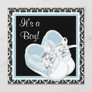 Baby Shoes Black and Blue Damask Baby Boy Dusche Einladung