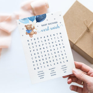 Baby Shooter Word Search Game Teddy Bear Blue Card Einladung