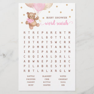 Baby Shooter Word Search Game Teddy Bear Pink