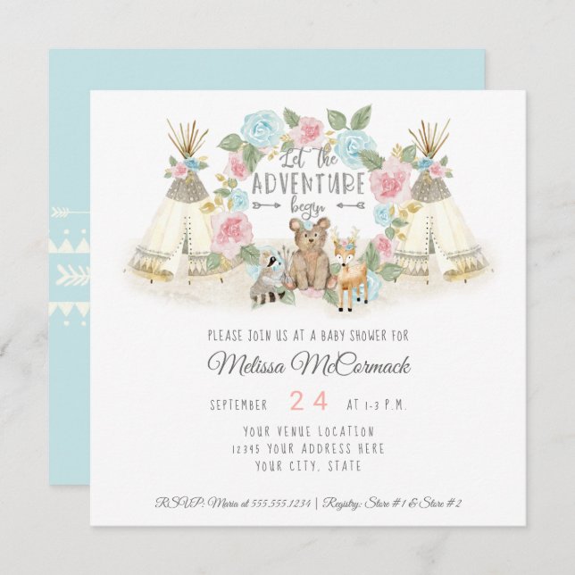 Baby Shower Adventure beginnt Teepee Bear Deer Blu Einladung (Vorne/Hinten)