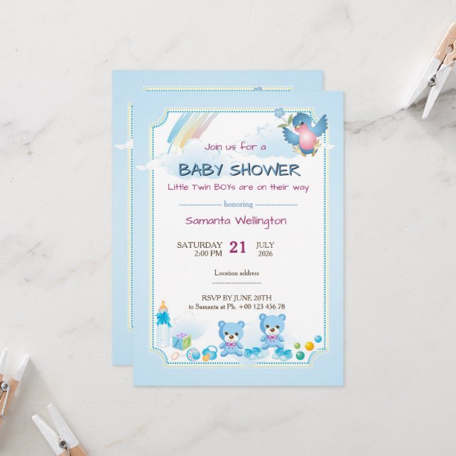 baby shower announcement for TWIN BOYs Einladung (Vorderseite/Rückseite Beispiel)