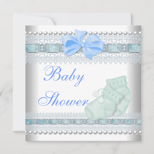 Baby Shower Baby Blue Hinterns Pearl Lace Einladung (Vorderseite)