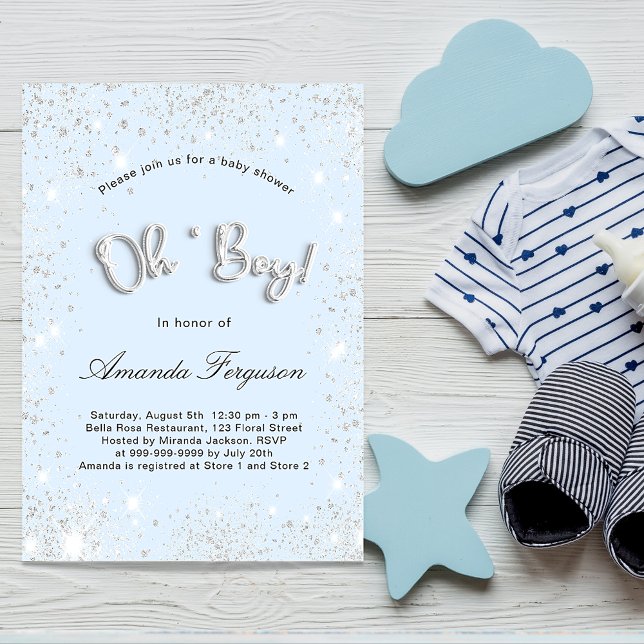 Baby Shower Baby Blue Junge Silber funkeln Luxus Einladung (Von Creator hochgeladen)