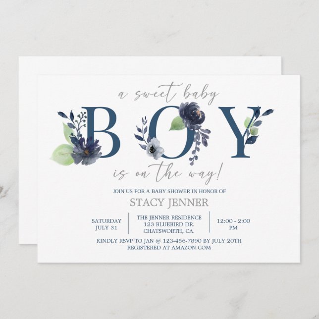 BABY SHOWER, BABY BOY, BLAUE FLORAL, EIN Junge (Vorne/Hinten)