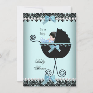 Baby Shower Baby Boy Blue Aquamarin Black Lace 2 Einladung