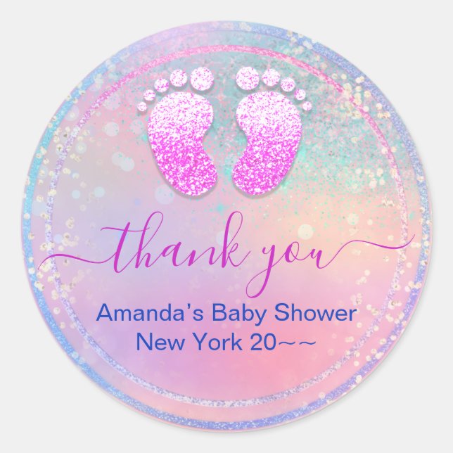 Baby Shower Baby Girl Holographic Pink Feet Runder Aufkleber (Vorderseite)
