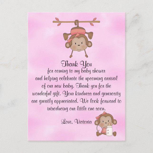 Baby Shower Baby Girl Monkey Postkarte (Vorderseite)