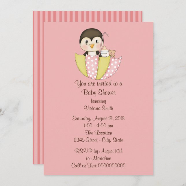 Baby Shower Baby Girl Penguin Einladung (Vorne/Hinten)
