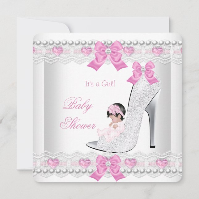 Baby Shower Baby Girl Pink White Lace Herzstück Sc Einladung (Vorderseite)