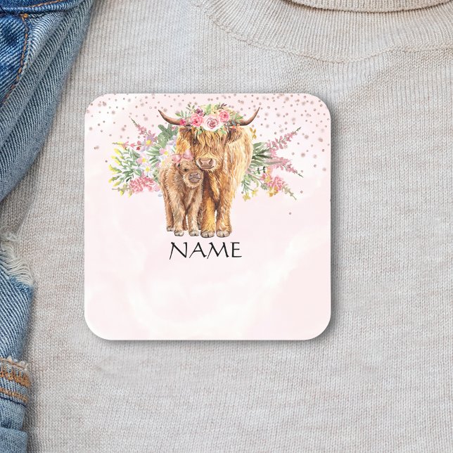 Baby Shower Baby Highland Kuh Namensschild Quadratischer Aufkleber (Von Creator hochgeladen)