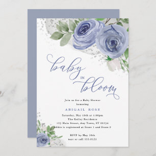 Baby Shower Baby in Bloom, Blue & Silver Blume Einladung