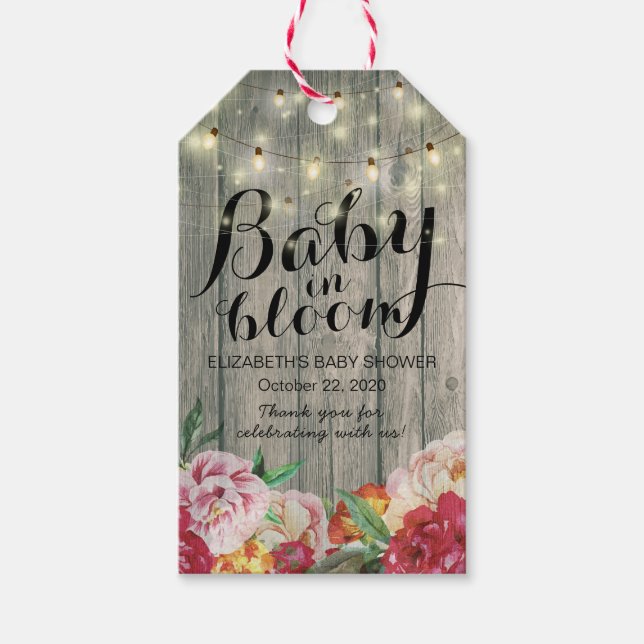 Baby Shower Baby in Bloom Blume Holzofenlampe Geschenkanhänger (Vorderseite)