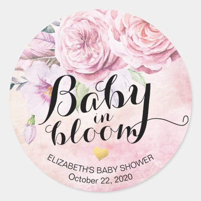 Baby Shower Baby in Bloom Boho Blume & Feathers Runder Aufkleber (Vorderseite)