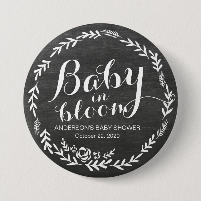 Baby Shower Baby in Bloom Floral Frame Chalkboard Button (Vorderseite)