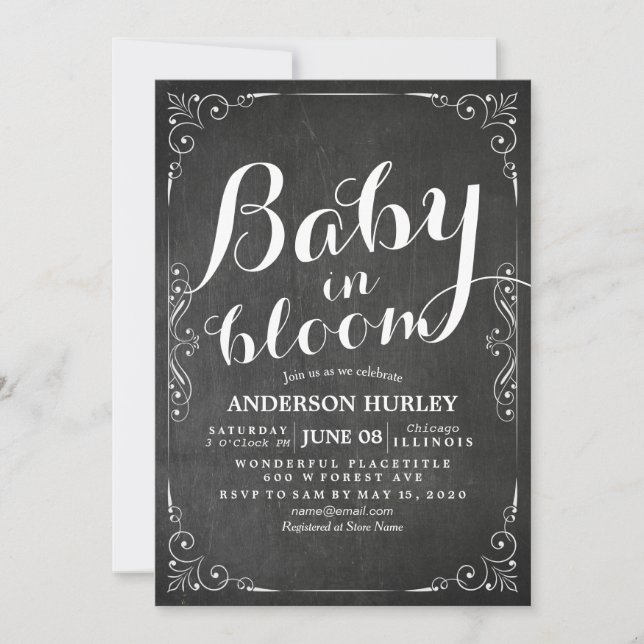Baby Shower Baby in Bloom Floral Frame Chalkboard Einladung (Vorderseite)
