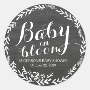 Baby Shower Baby in Bloom Floral Frame Chalkboard Runder Aufkleber