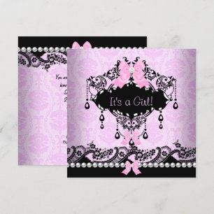 Baby Shower Baby Mädchen Rosa Schwarz Damast Bogen Einladung