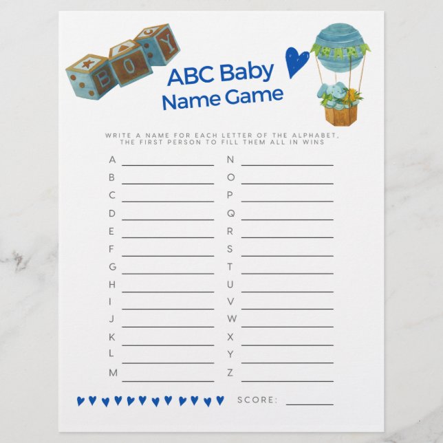 Baby Shower Baby Name Game Baby Boy Trendy Fun (Vorderseite)