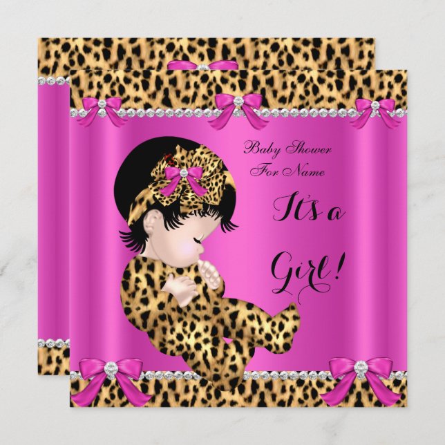 Baby Shower Baby Niedlich Girl Leopard Hot Pink Go Einladung (Vorne/Hinten)