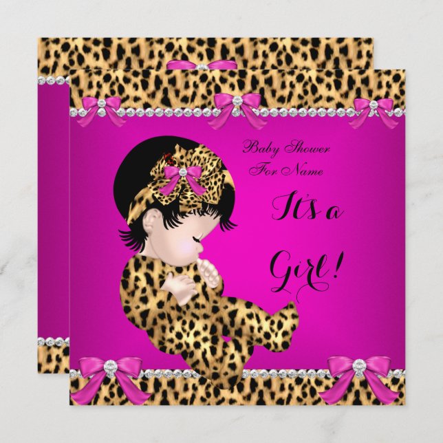 Baby Shower Baby Niedlich Girl Leopard Hot Pink Go Einladung (Vorne/Hinten)